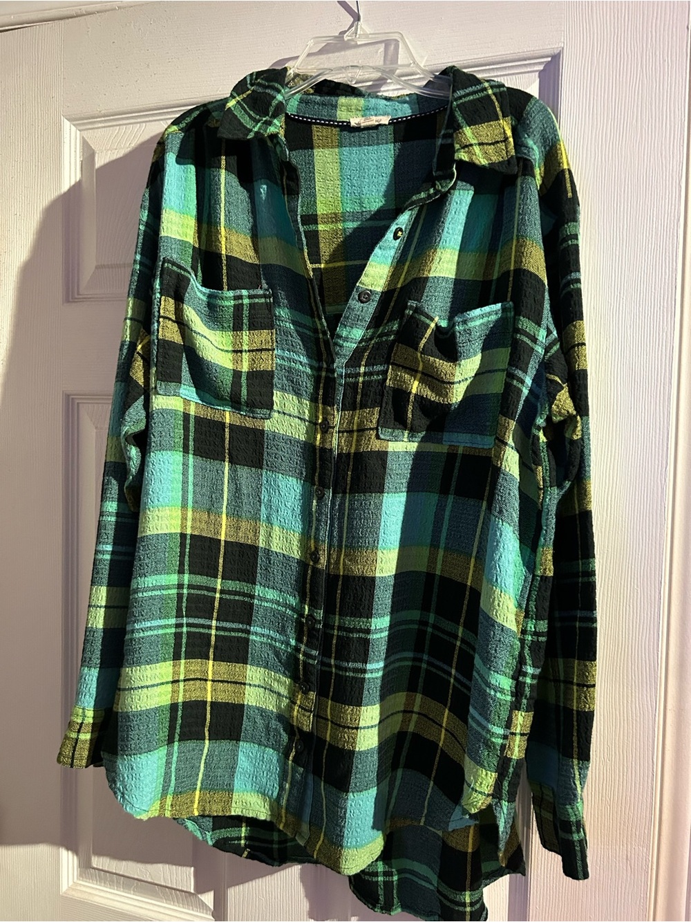 Pilcro Teal, Lime & Black Plaid Button-Down Oversized Shirt